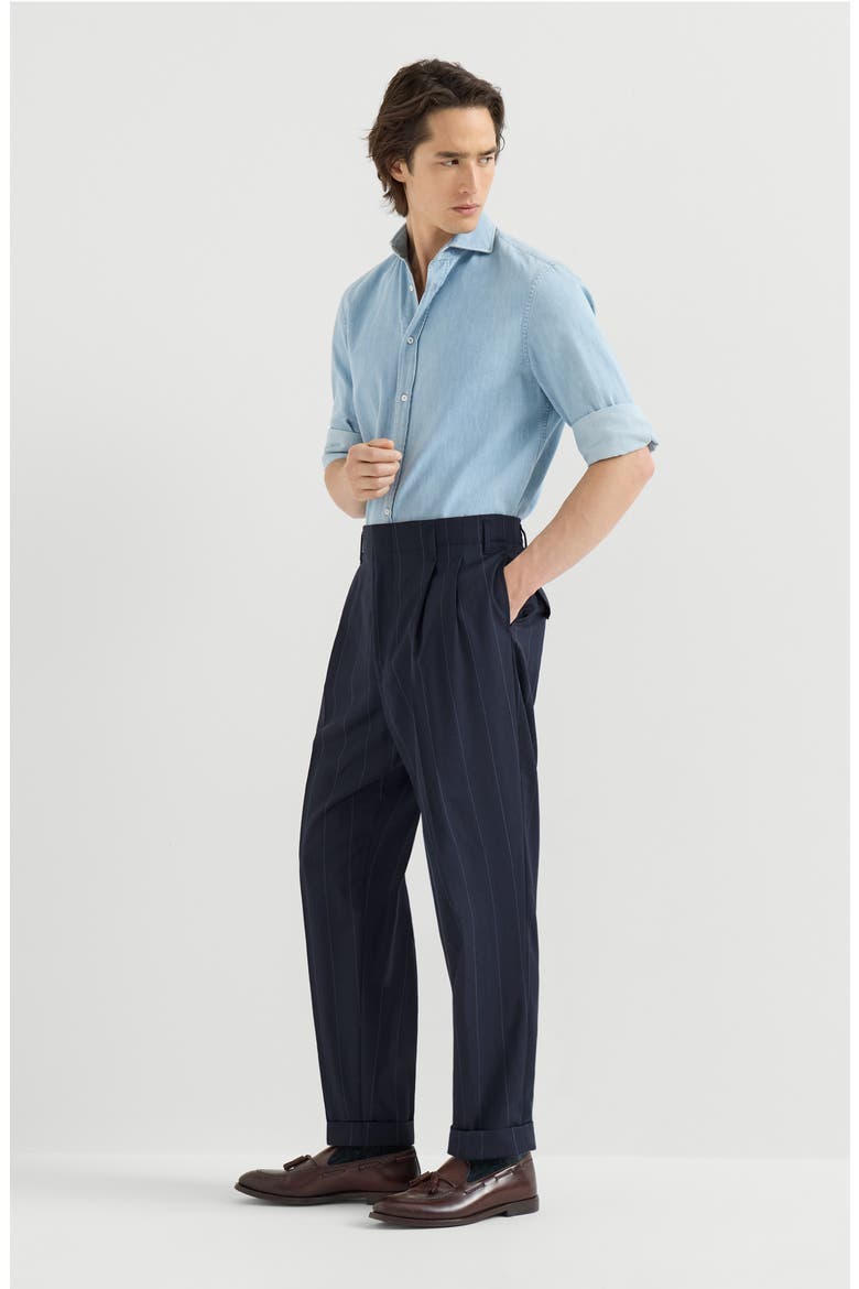 Virgin wool chalk stripe trousers with double pleats, Alternate, color, Navy Blue