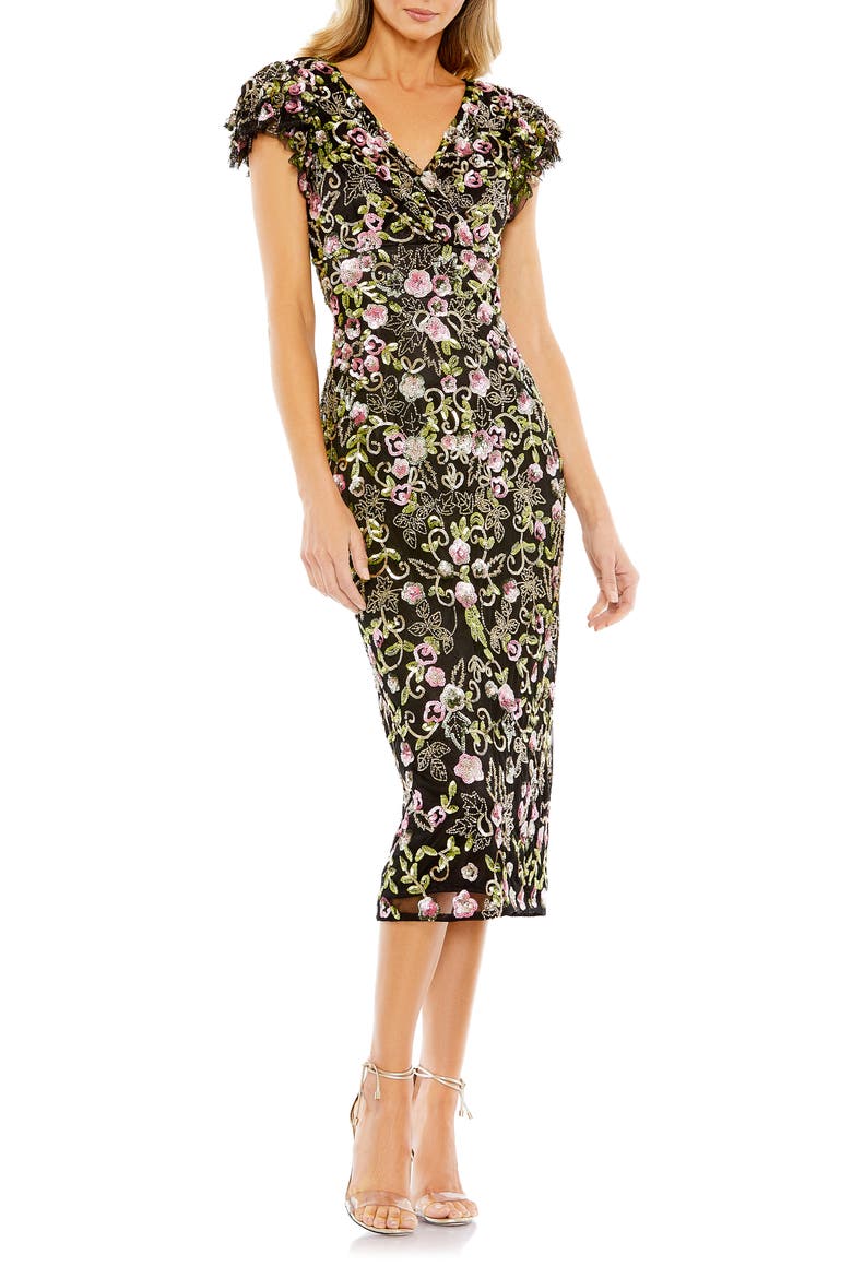 Floral Embellished Flutter Cap Sleeve Dress, Main, color, BLACK MULTI