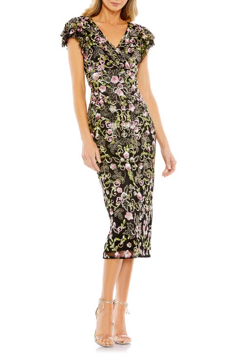 Floral Embellished Flutter Cap Sleeve Dress