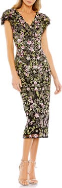 Mac Duggal Floral Embellished Flutter Cap Sleeve Dress
