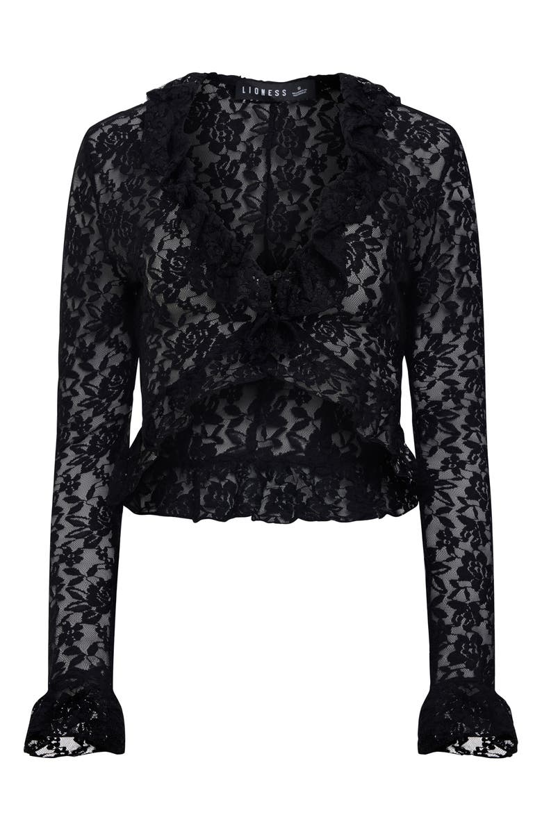 LIONESS Long Nights Lace Ruffle Crop Top, Alternate, color, Onyx