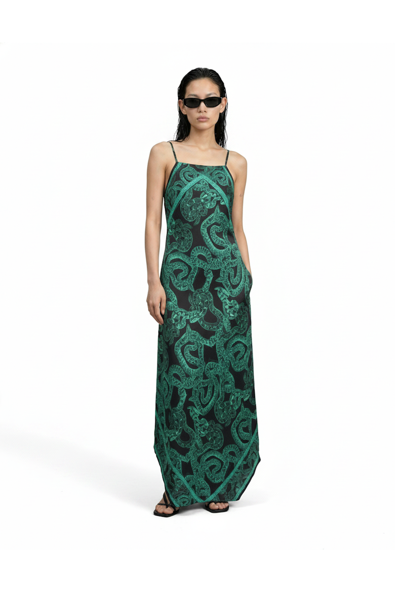 Silk Serpent Noir Maxi Dress, Main, color, Forest Green