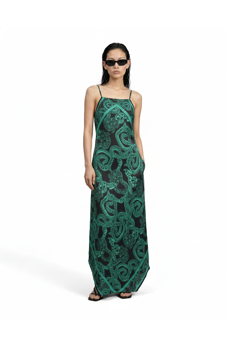 Monzlapur Silk Serpent Noir Maxi Dress, Main, color, Forest Green