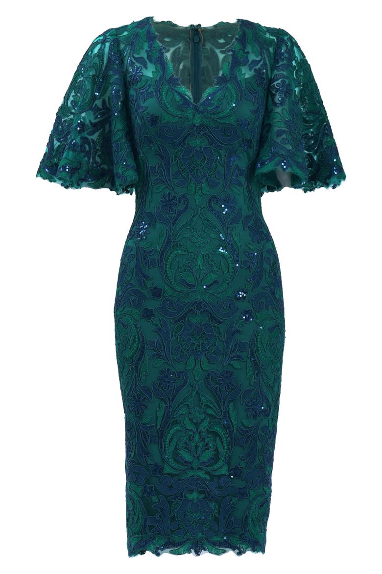 Sequin Lace Bell Sleeve Cocktail Dress, Alternate, color, TEA LEAF