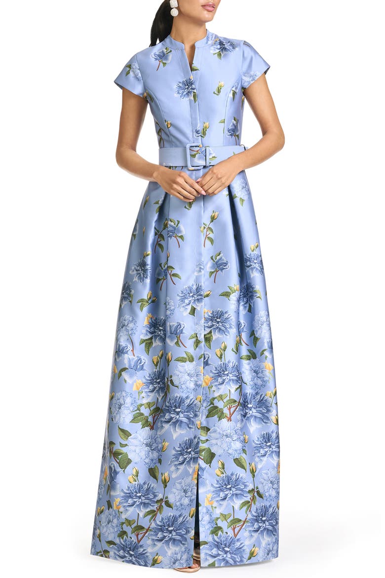 Marta Belted Mikado Gown, Main, color, TWILIGHT PEONY DEGRADE
