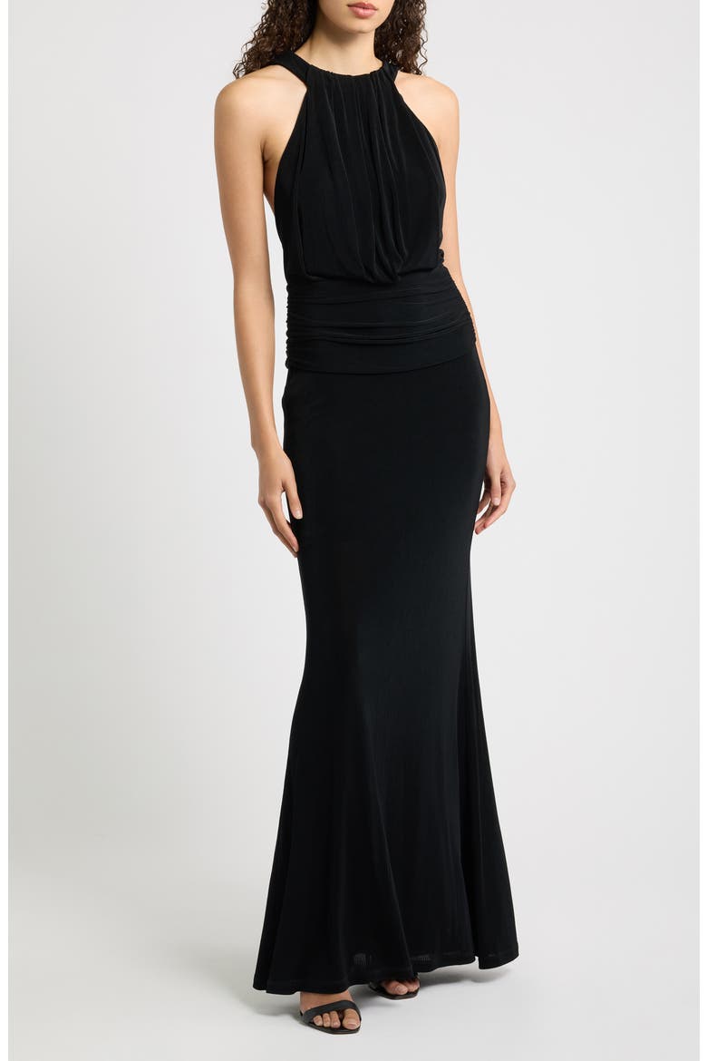 Lucine Ruched Sleeveless Gown, Main, color, BLACK