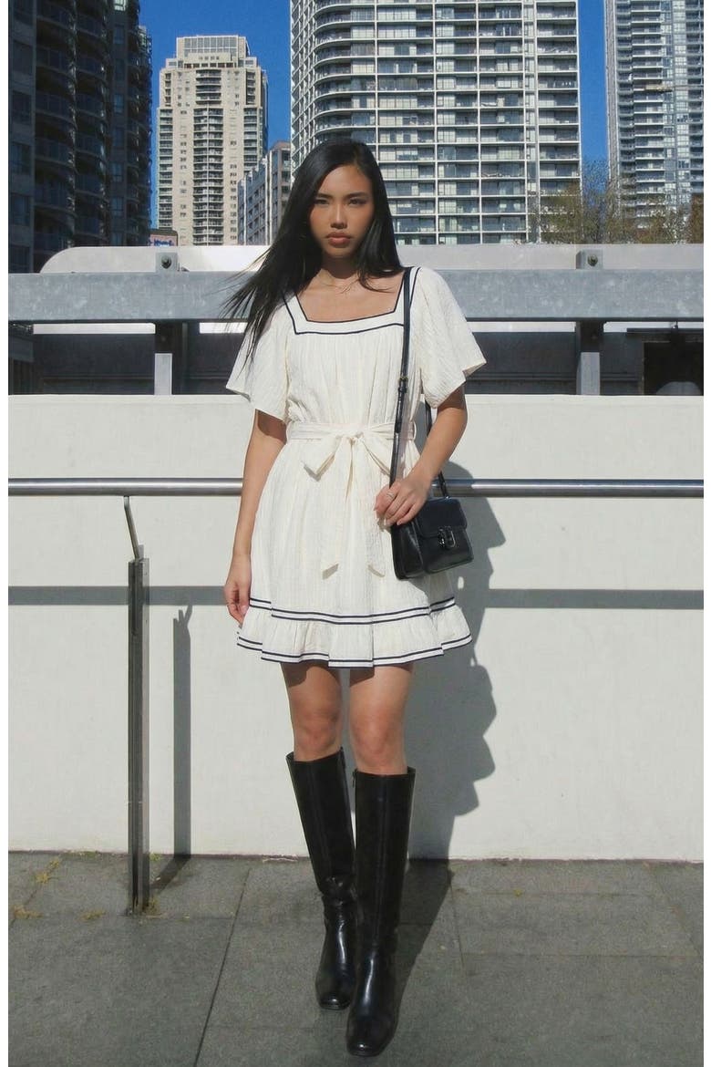 Square-Neck Contrast Trim Mini Dress, Alternate, color, Off-White / Navy