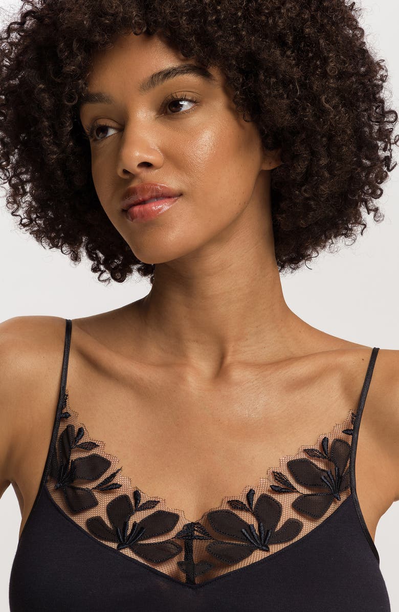 Hanro Kalea Embroidered Trim Cotton Camisole, Alternate, color, Black