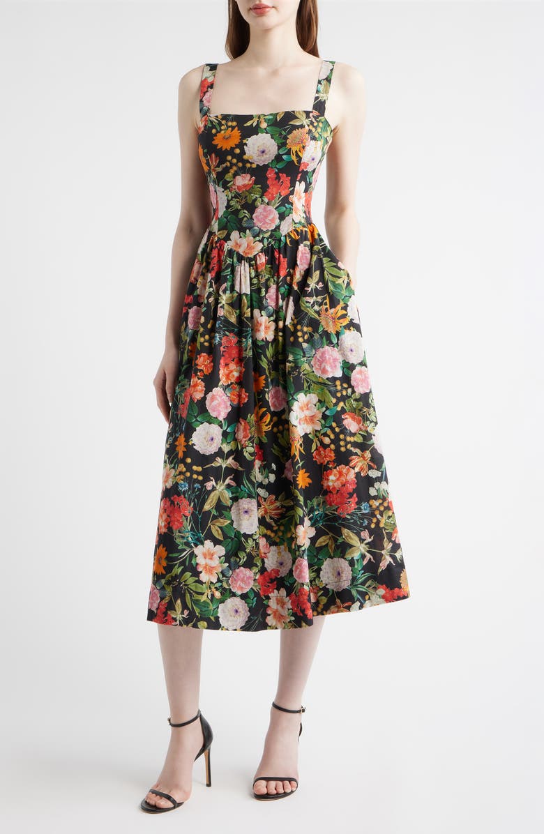 Julia Jordan Floral Basque Waist Sundress, Main, color, Black Multi