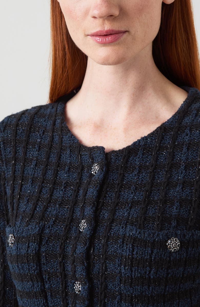 LK Bennett Millie Metallic Fluffy Cardigan, Alternate, color, Black Navy