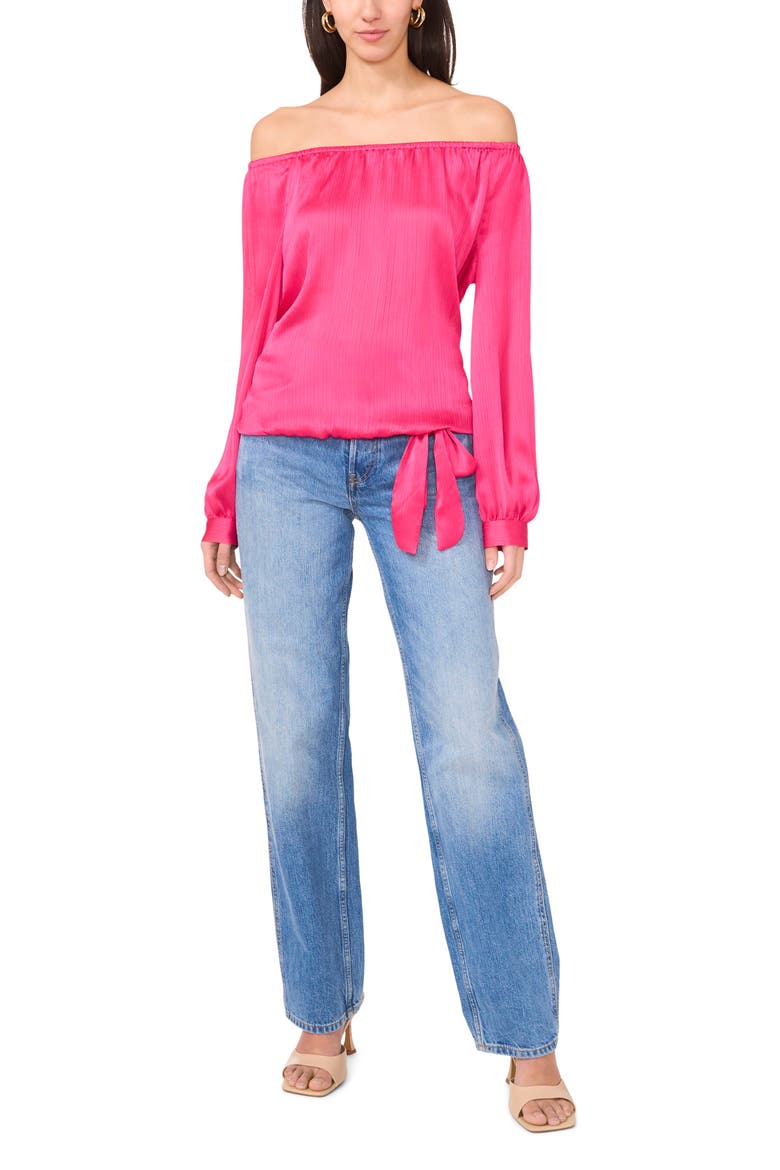 Off the Shoulder Tie Hem Long Sleeve Top, Alternate, color, BEETROOT PINK