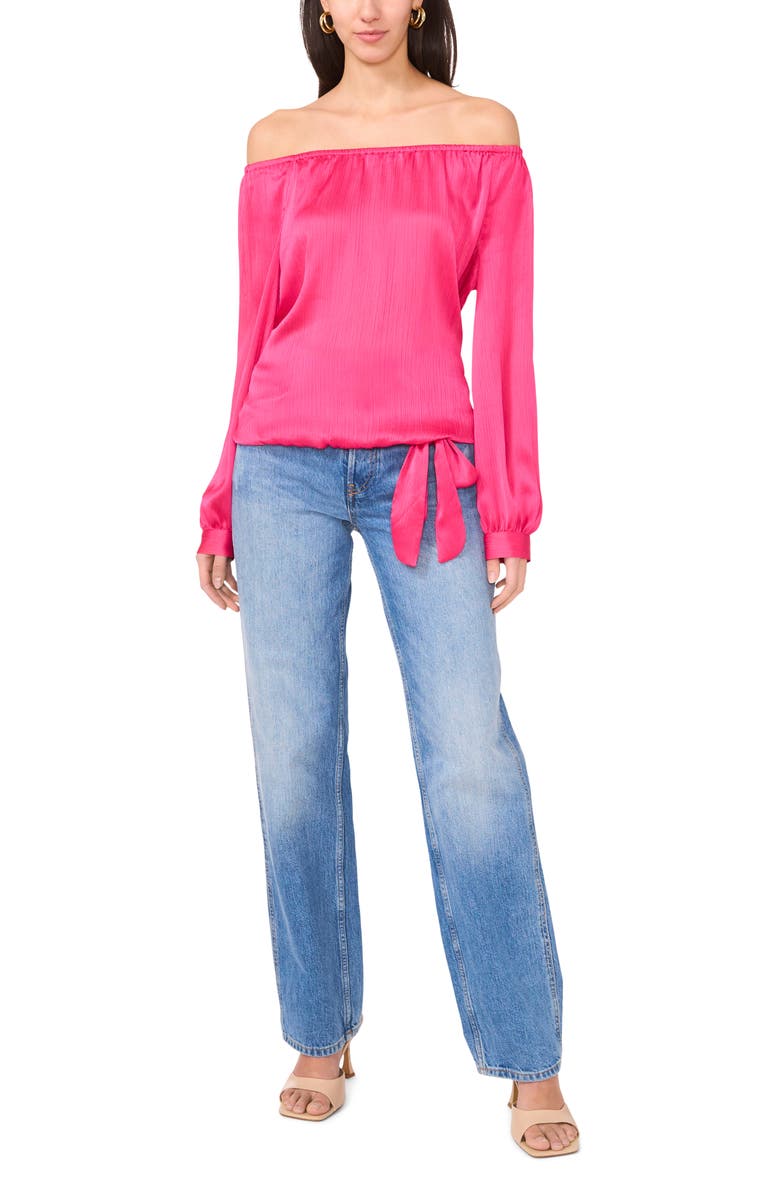 Vince Camuto Off the Shoulder Tie Hem Long Sleeve Top, Alternate, color, Beetroot Pink