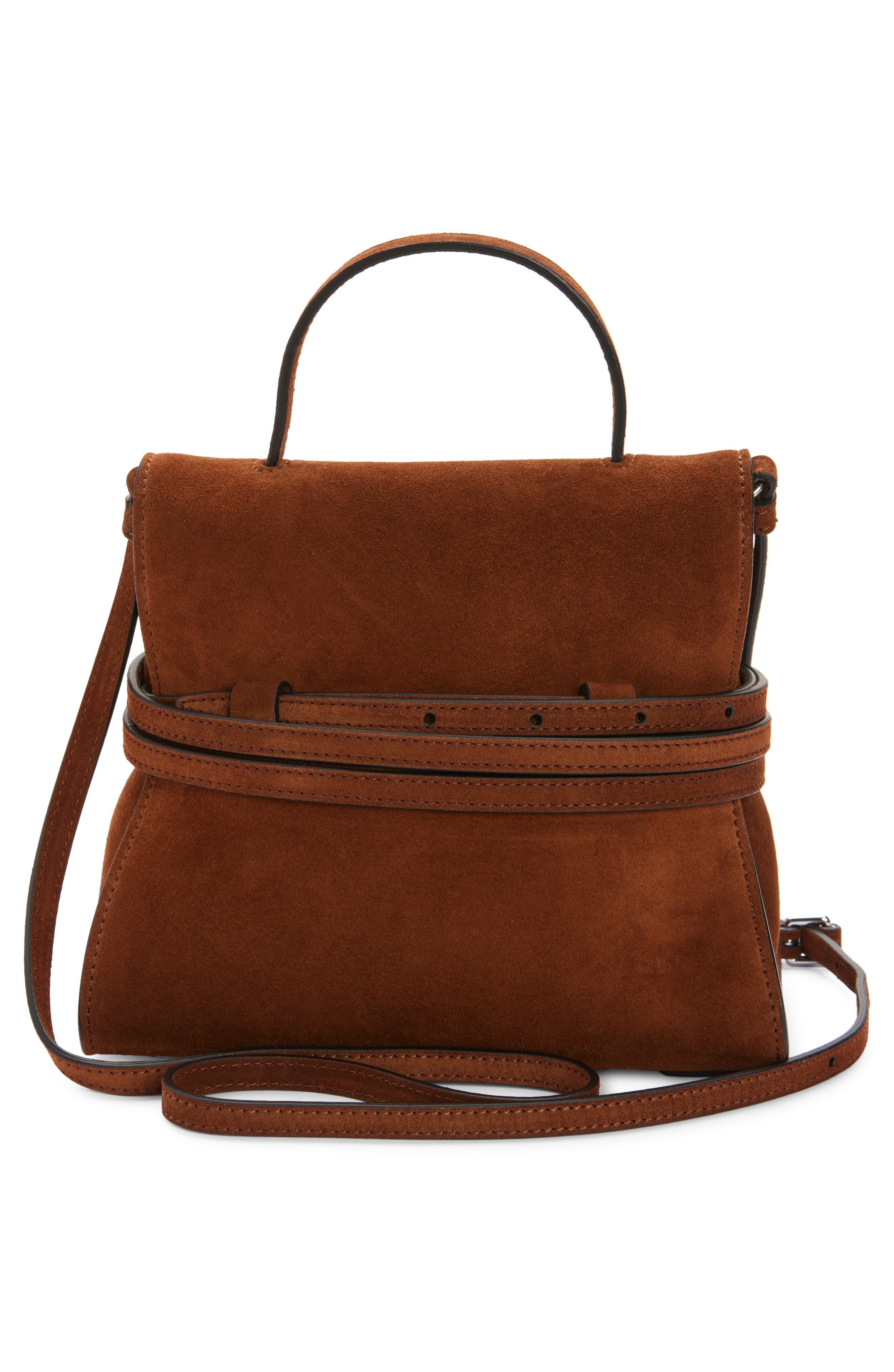 Moschino Tie Me Suede Handbag, Alternate, color, Brown