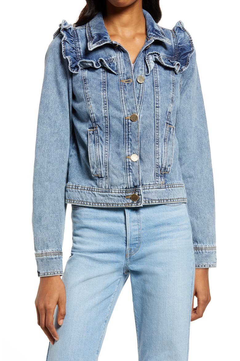 Frill Denim Trucker Jacket, Alternate, color, MEDIUM DENIM