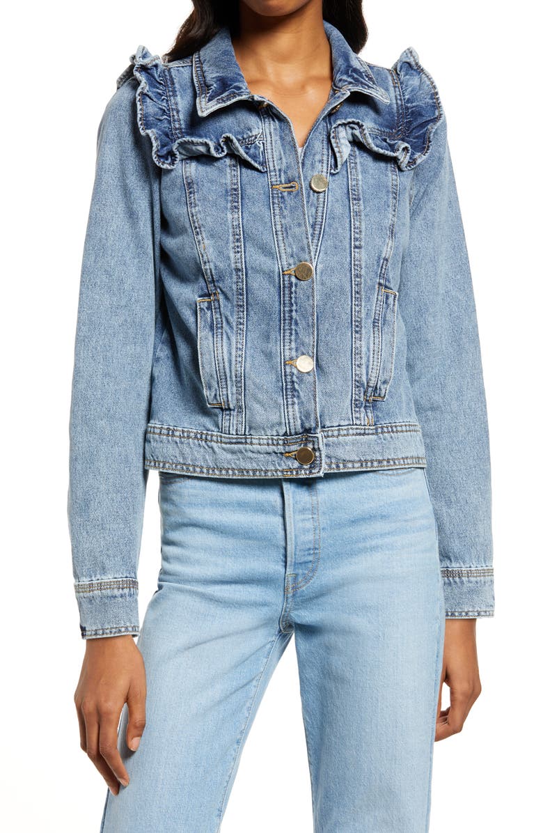 River Island Frill Denim Trucker Jacket, Alternate, color, 
