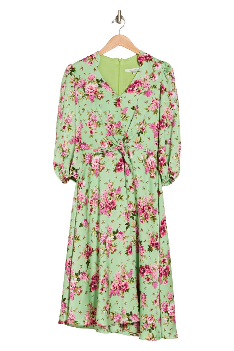 Floral Print Tie Front Long Sleeve Dress, Alternate, color, GREEN MULT