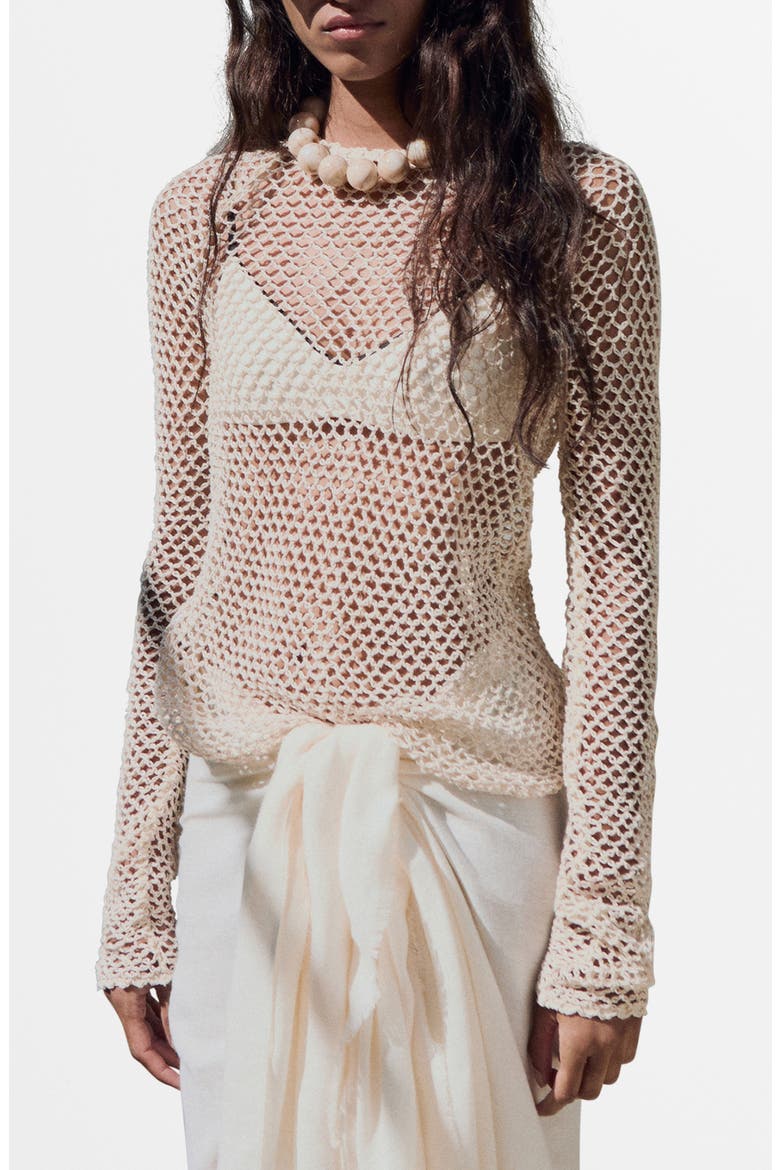 Stretch Cotton Crochet Sweater, Main, color, ECRU