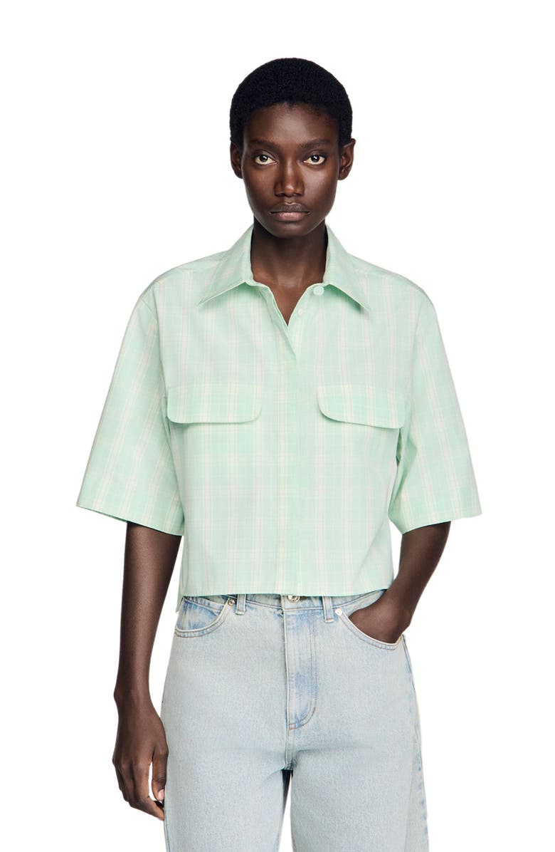 SANDRO Short checked shirt, Main, color, Green / Ecru