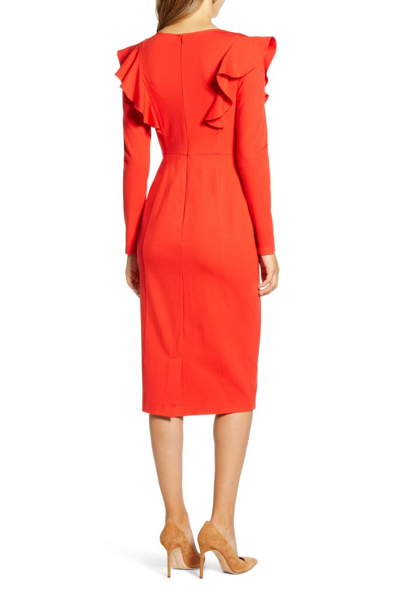 Ruffle Long Sleeve Ponte Dress, Alternate, color, RED SCARLET
