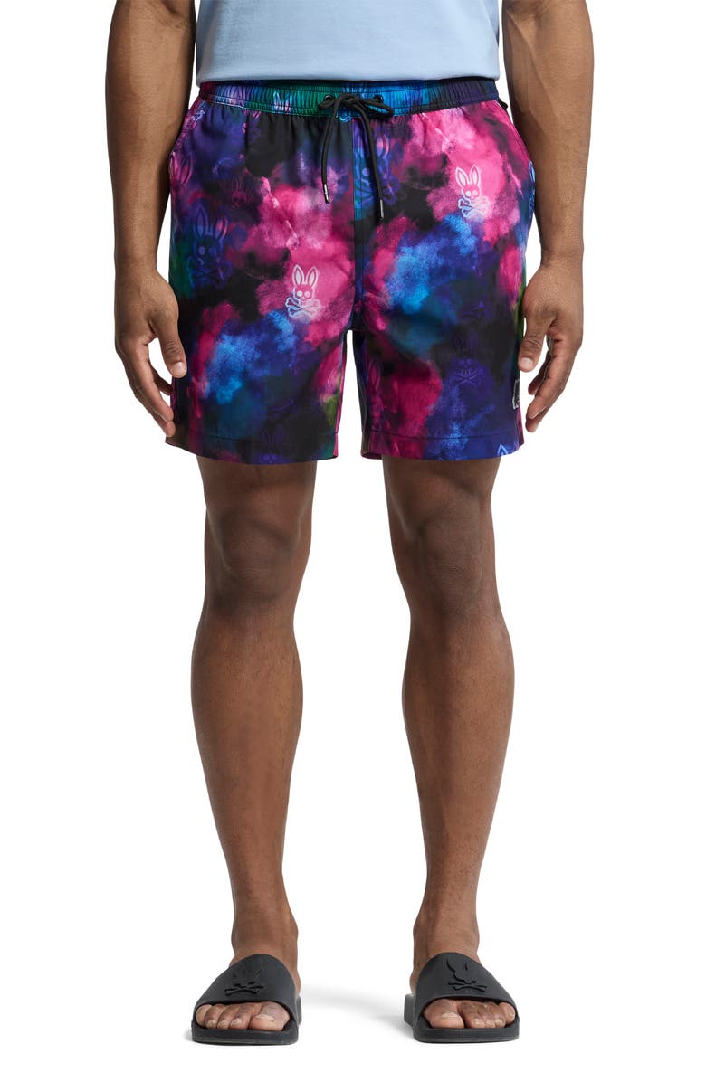 Psycho Bunny Dokos Print Swim Trunks, Main, color, Black