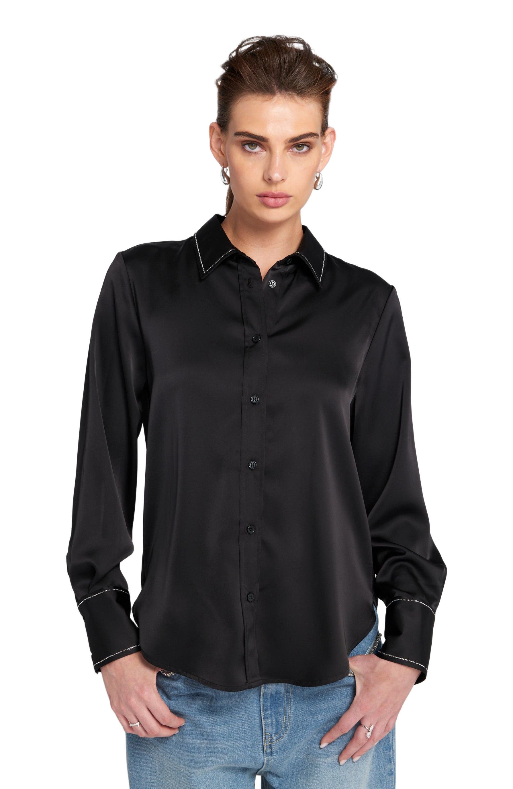 Sparkle Trim Satin Shirt Button Down Top - image 2