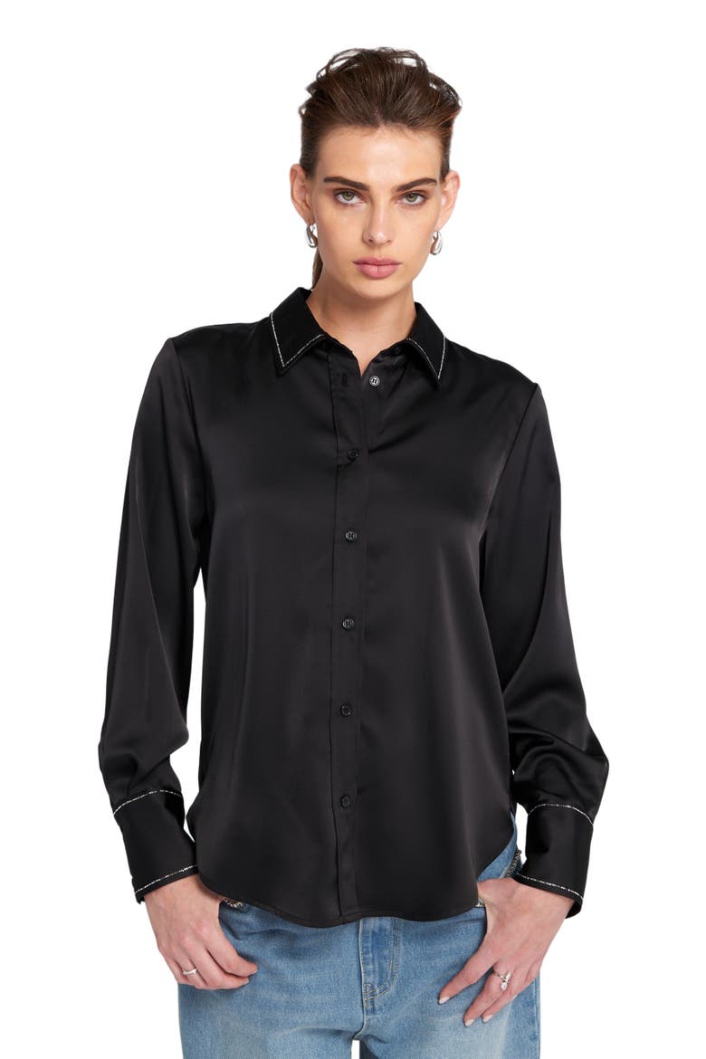 Sparkle Trim Satin Shirt Button Down Top, Alternate, color, Black/Sparkle