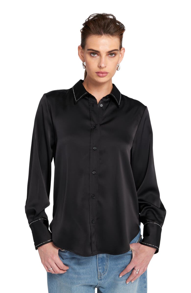 ELLE Collection Sparkle Trim Satin Shirt Button Down Top, Alternate, color, Black/Sparkle