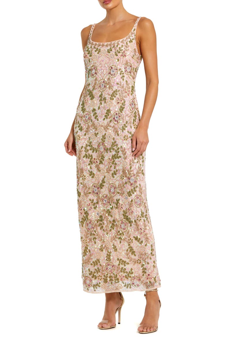 Mac Duggal Sleeveless Hand Beaded Floral Midi Dress, Main, color, Beige Multi