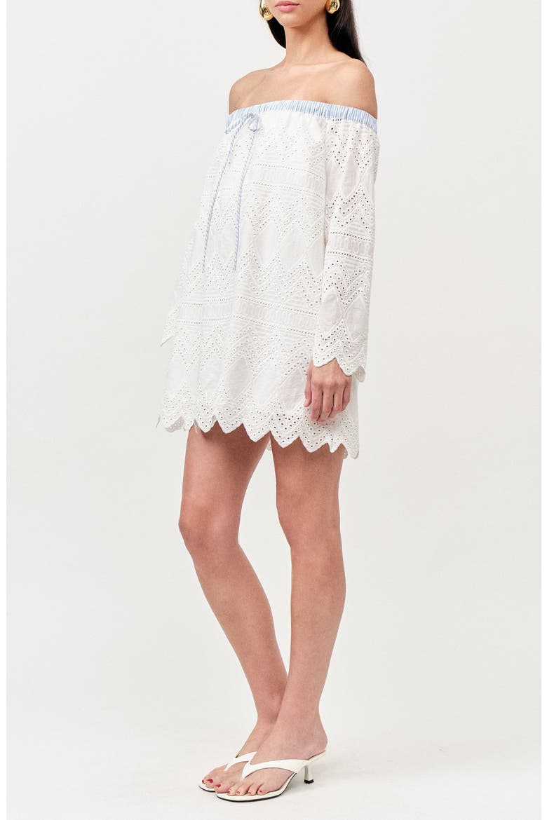 Lisa Off the Shoulder Long Sleeve Cotton Eyelet Minidress, Alternate, color, WHITE EMBROIDERY