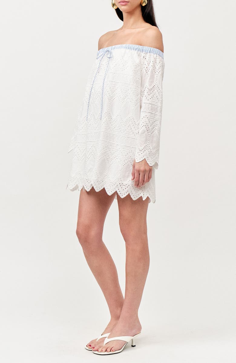 MAUDE CLUB Lisa Off the Shoulder Long Sleeve Cotton Eyelet Minidress, Alternate, color, White Embroidery