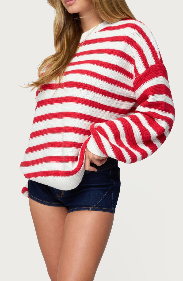 EDIKTED Aerin Oversize Stripe Cotton Sweater, Alternate, color, Red-And-Cream