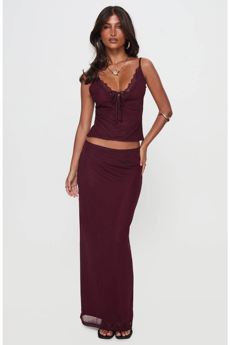 Reiko Lace Trim Mesh Camisole & Maxi Skirt Set, Alternate, color, BURGUNDY