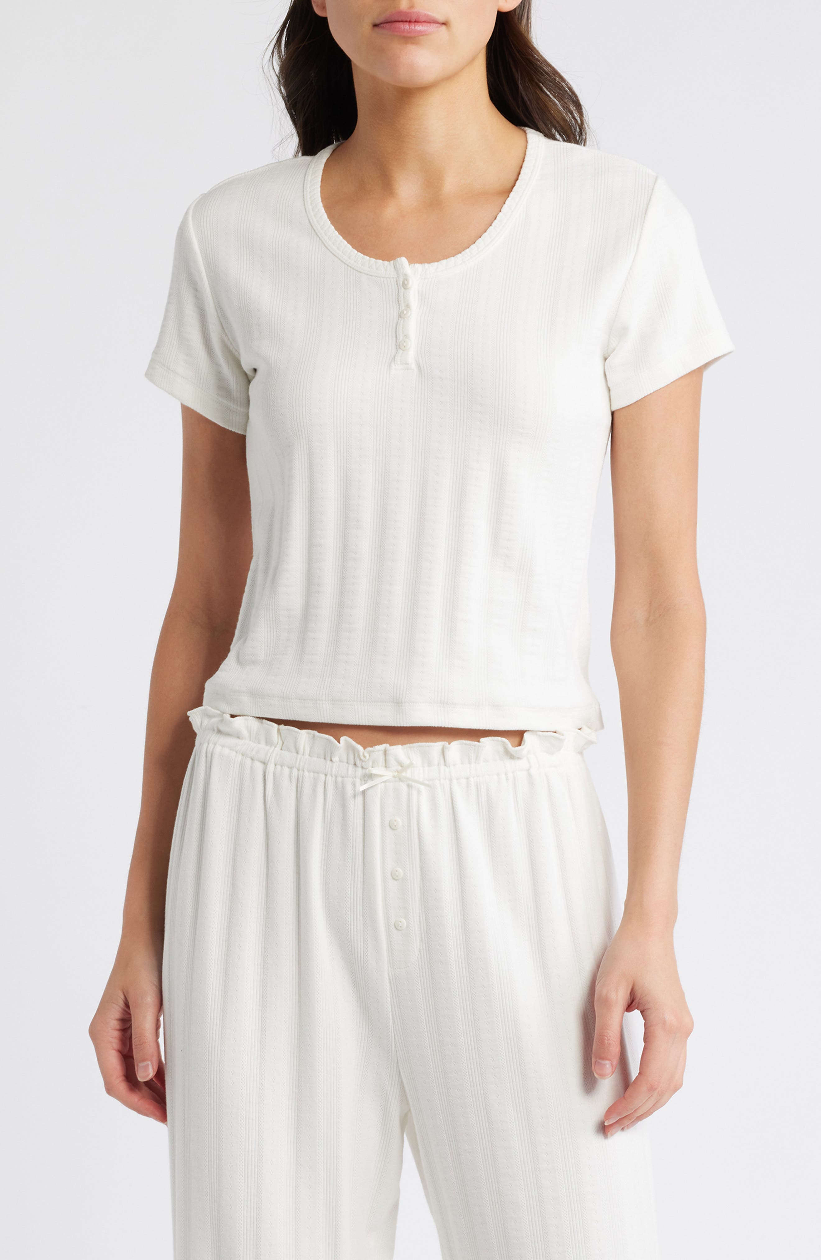 Papinelle Pippa Pointelle Crop Pajama Shirt in Ecru 