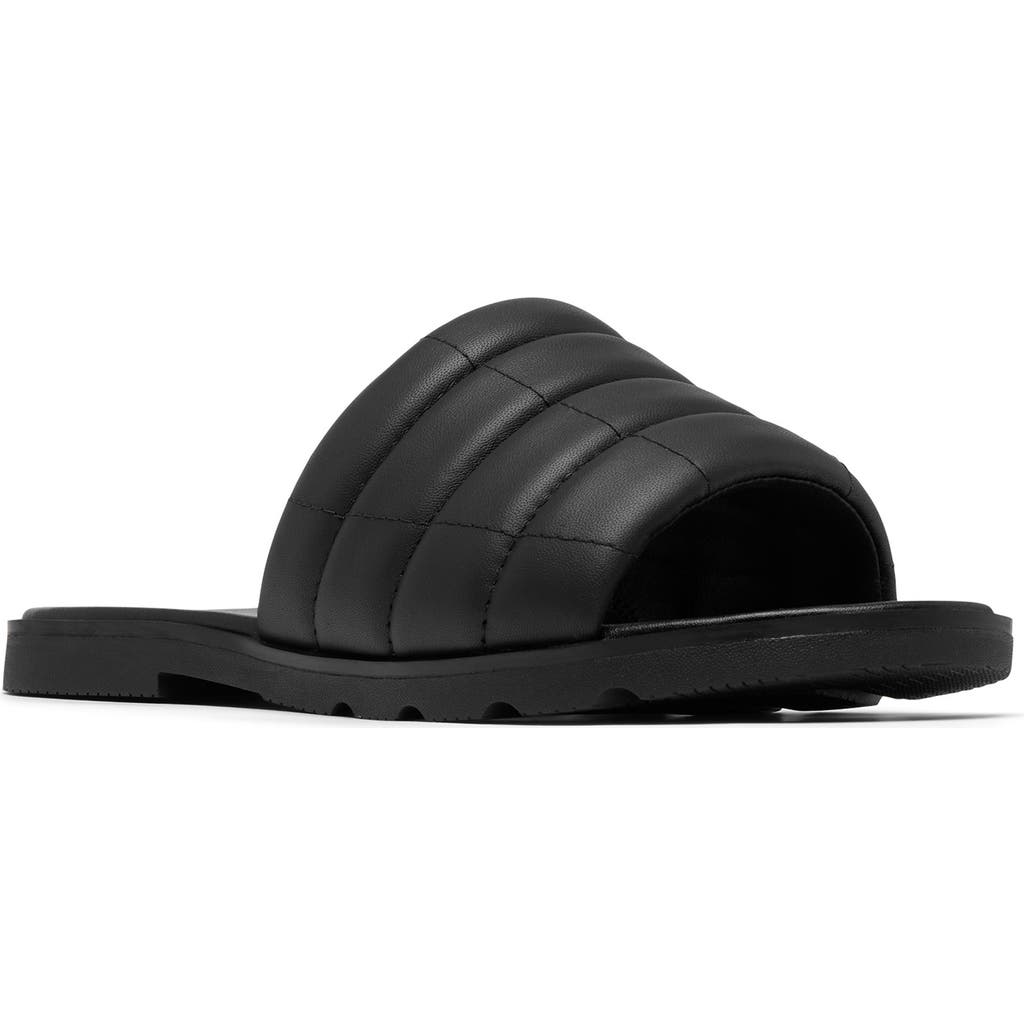Sorel Ella Iii Quilted Puff Slide Sandal In Black/black