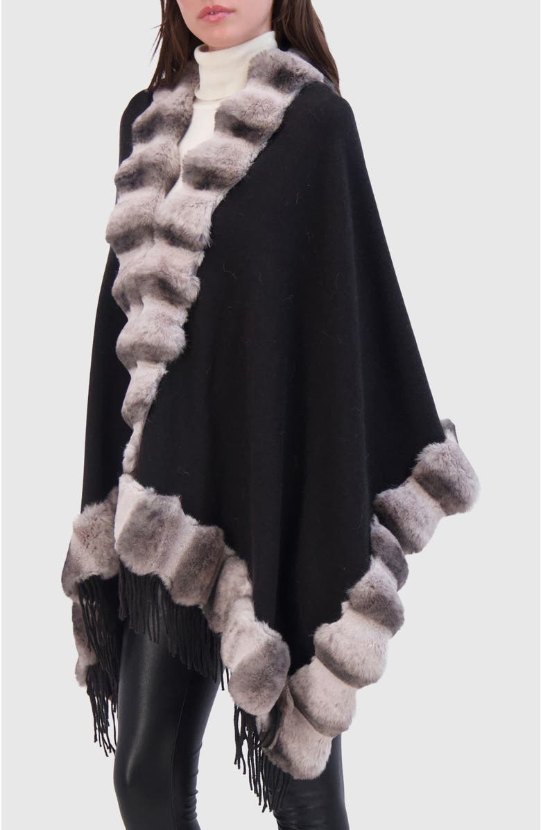 Lyla Grant Cashmere & Wool Blend Cape With Fur-Free Chinchilla (Faux Fur) Trim, Alternate, color, Black/Gray Chinch