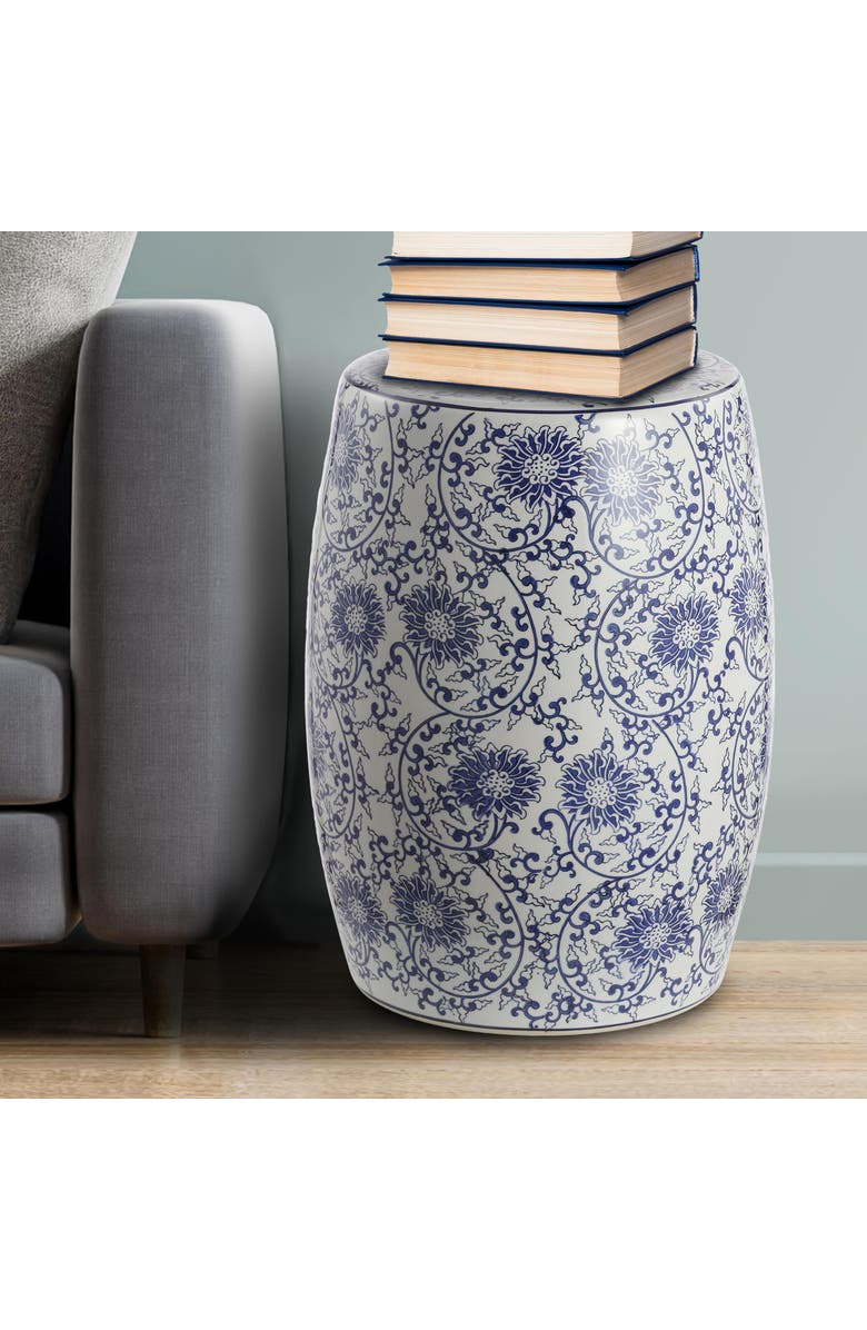 JONATHAN Y Lotus Blossom 17.5" Chinoiserie Ceramic Drum Garden Stool, Alternate, color, Blue/White