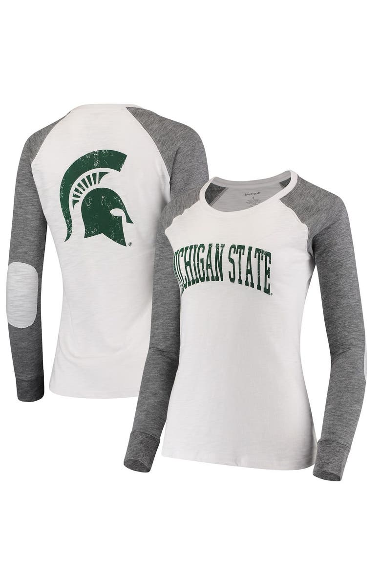 BOXERCRAFT Women's White/Gray Michigan State Spartans Preppy Elbow Patch 2-Hit Arch and Logo Long Sleeve T-Shirt, Main, color,