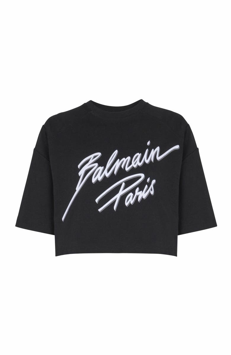 Balmain Cropped T-Shirt With Flocked Balmain Letter Logo, Main, color,