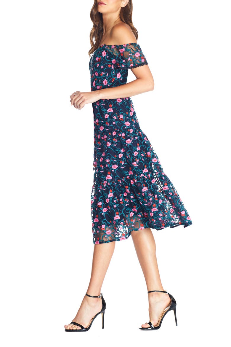 River Embroidered Floral Off the Shoulder Dress, Alternate, color, NAVY MULTI