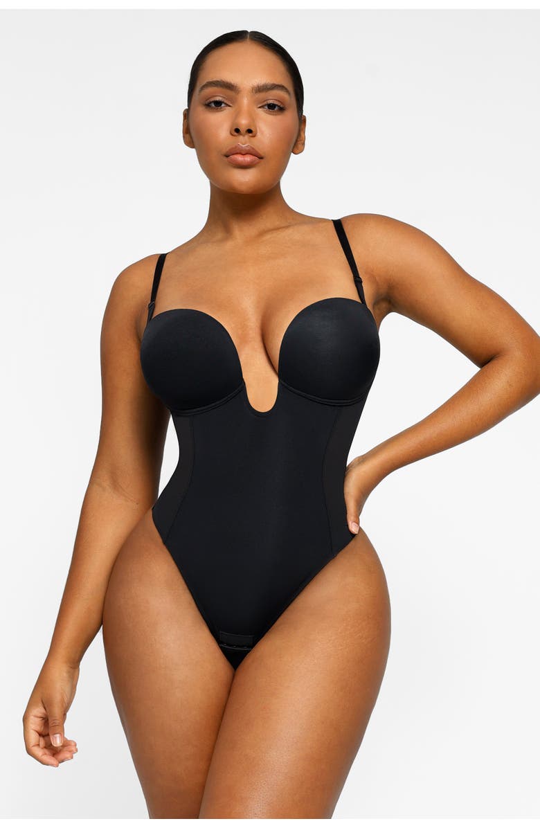 Shapellx Strapless U-Plunge Thong Shapewear Bodysuit, Alternate, color, Black