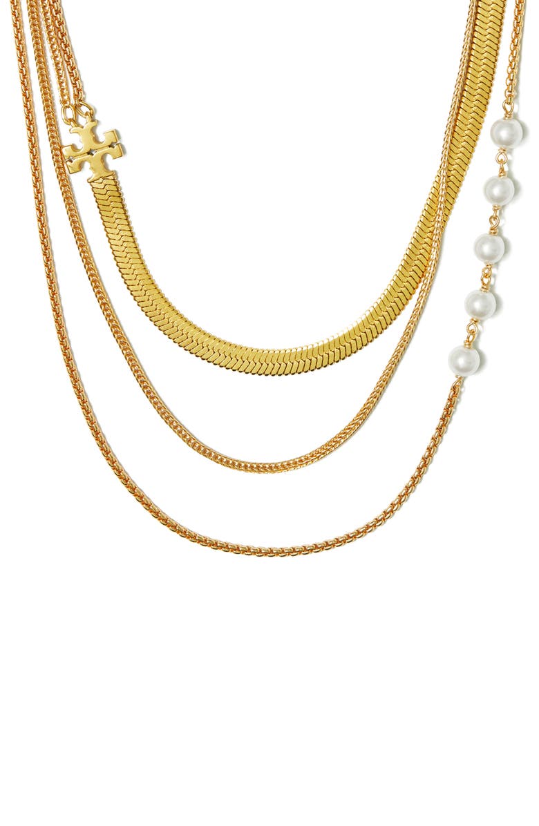 Tory Burch Kira Imitation Pearl Layered Necklace, Alternate, color,