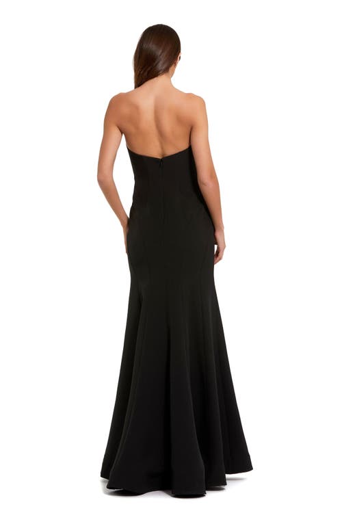 Mac Duggal Crepe Strapless Gown With 3d Rhinestone Flower In Black