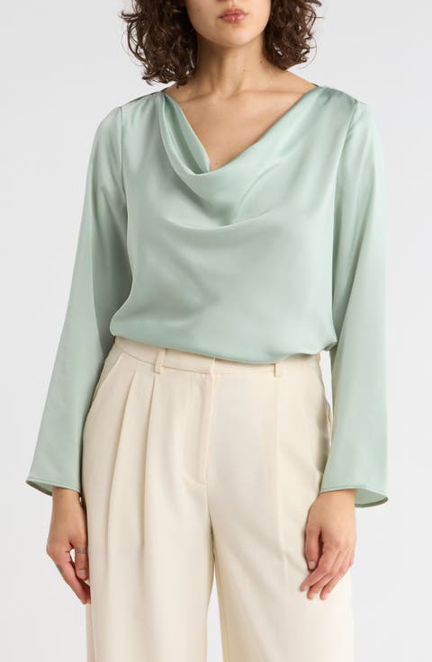 Cowl Neck Long Sleeve Satin Top