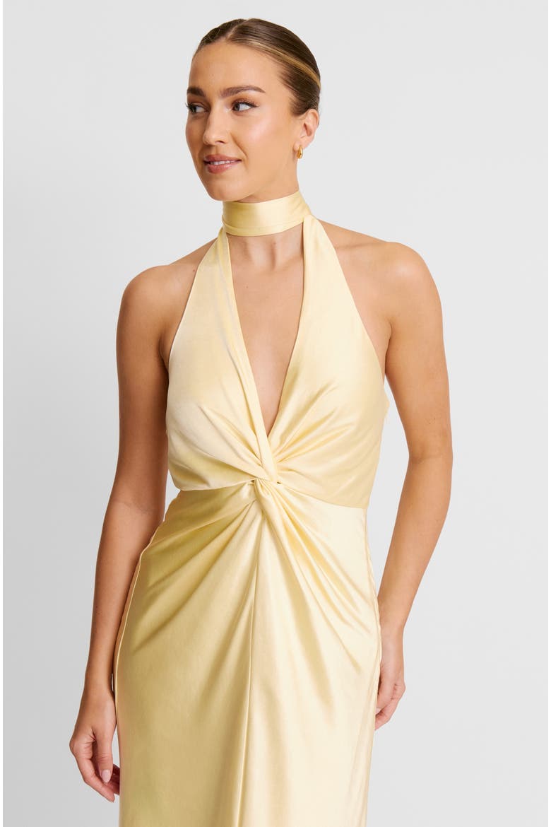 Plunge Knot Satin Bridesmaid Dress, Alternate, color, Lemon