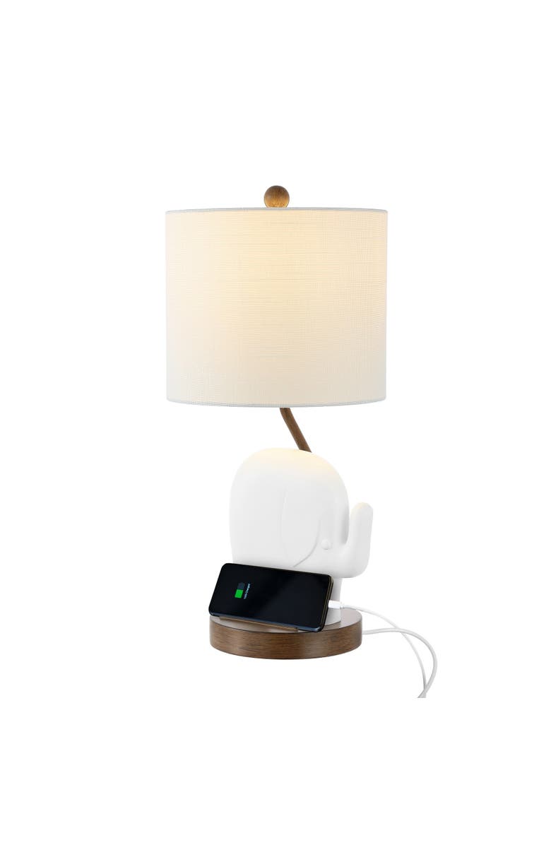 JONATHAN Y Ellie Bohemian Designer Iron/Resin Elephant LED Kids' Table Lamp with Phone Stand and USB Charging Port, Main, color, White