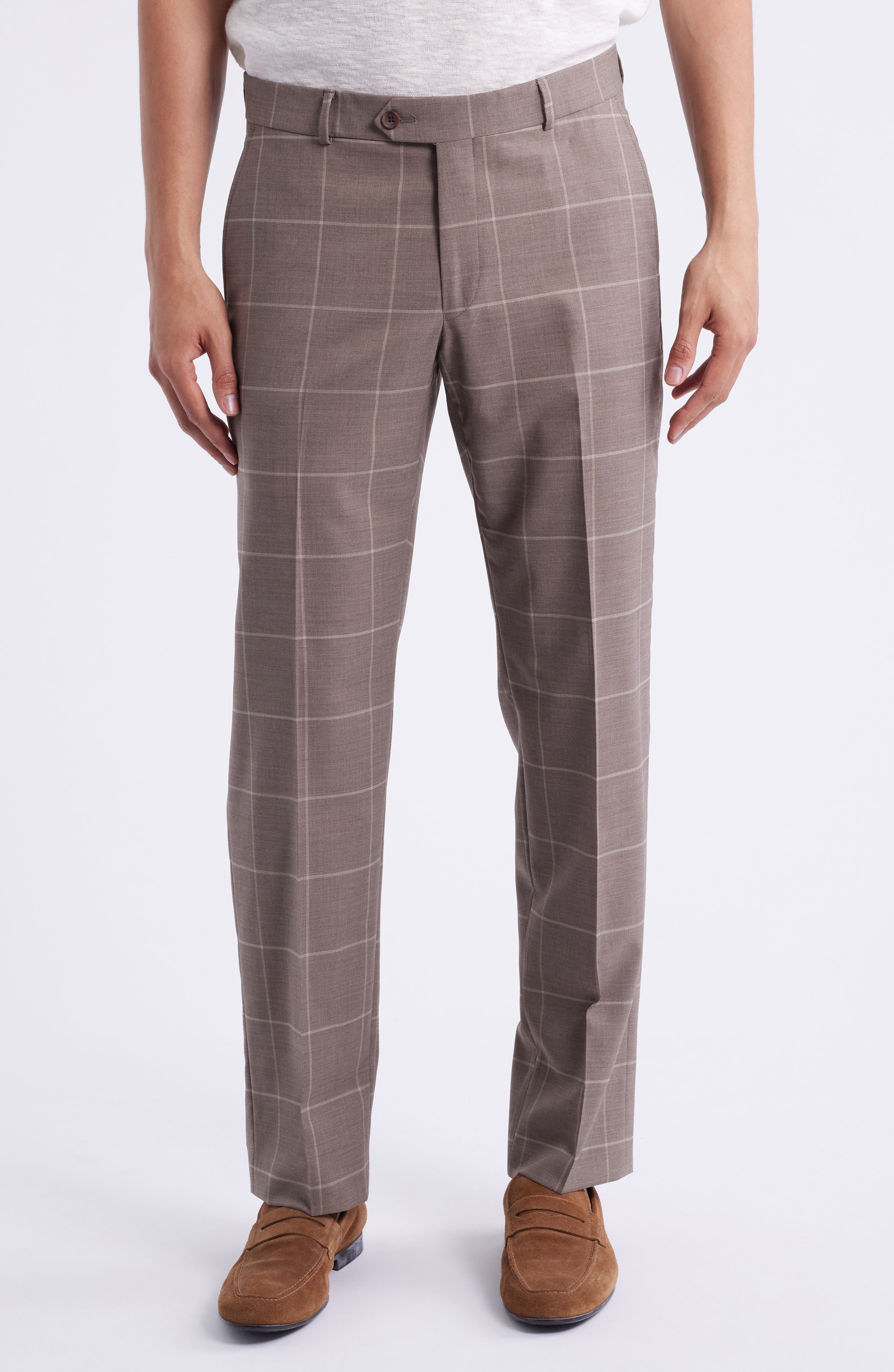 Berle Windowpane Check Stretch Wool Dress Pants in Medium Brown 