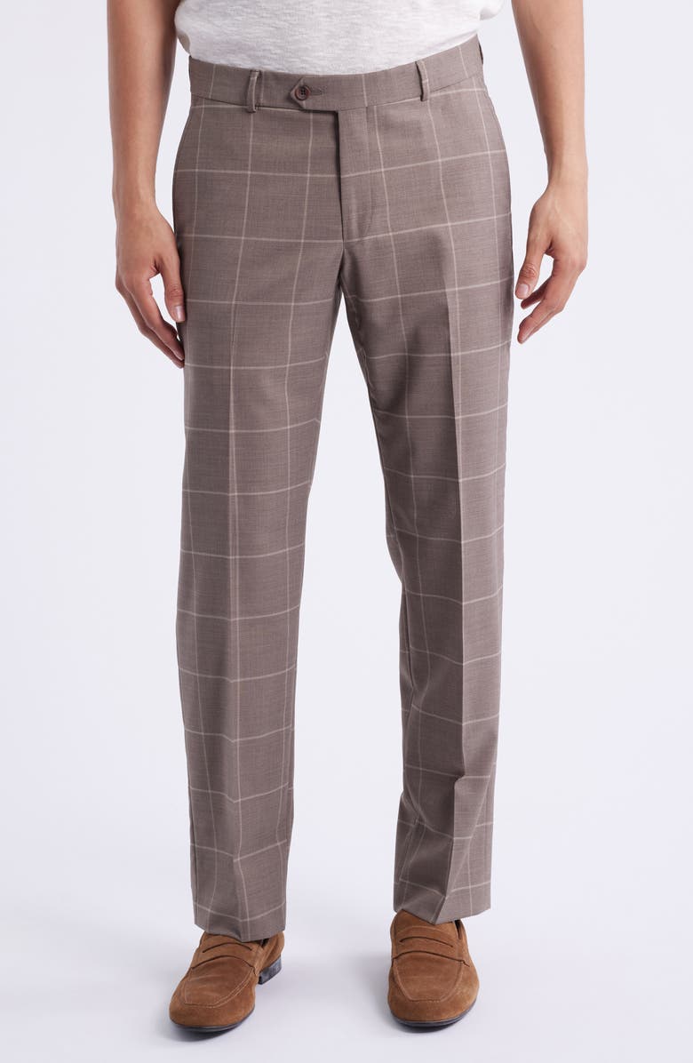 Berle Windowpane Check Stretch Wool Dress Pants, Main, color, Medium Brown