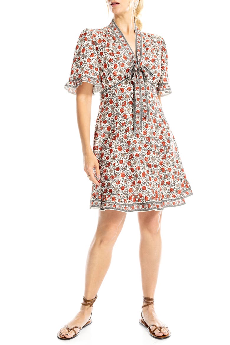 Bow Neck Short Sleeve Fit & Flare Dress, Alternate, color, ECRU/ RED LEAFY FLORAL FERN