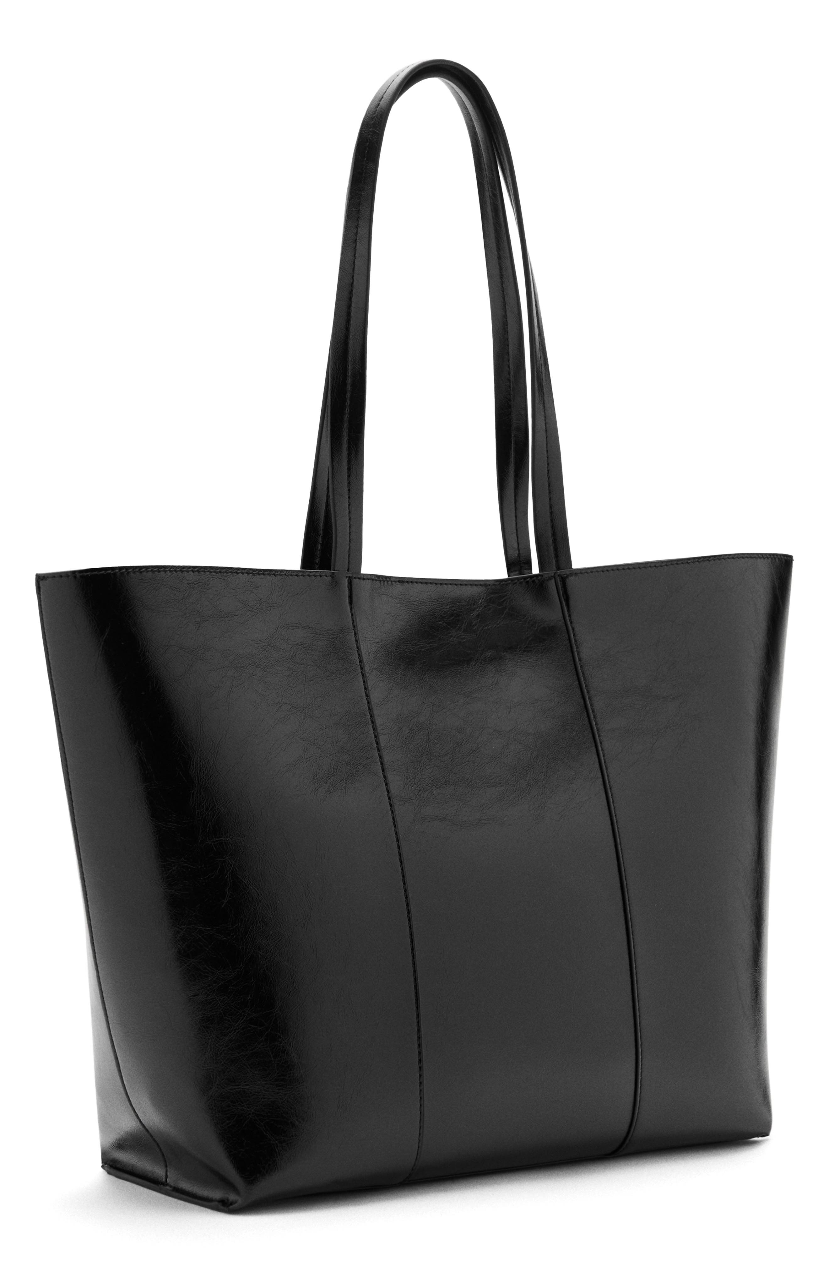 MANGO Large Leather Shopper Bag, Alternate, color, Black