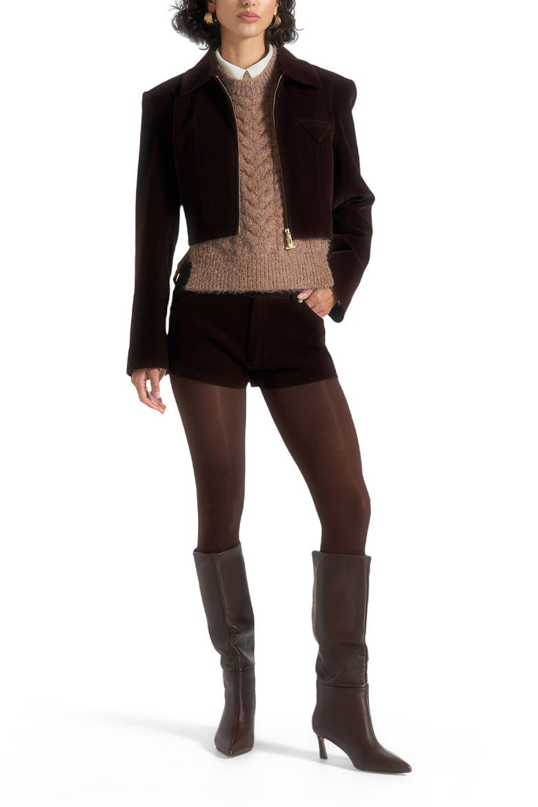Samia Velvet Patent Mini Shorts, Alternate, color, Brown